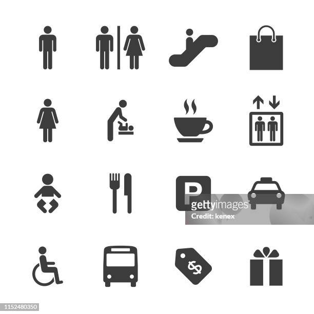 illustrations, cliparts, dessins animés et icônes de centre commercial et ensemble d’icônes publiques - accessibilité aux personnes handicapées