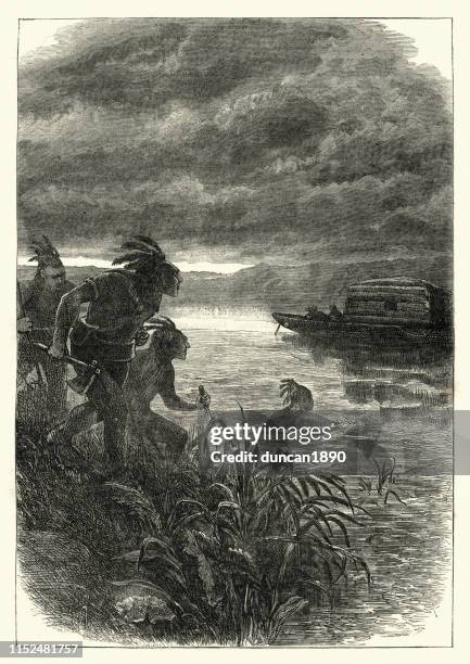 native american warriors attacking traders on the ohio - ambush stock illustrations