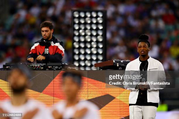 Jonas Blue and a singer perform before the UEFA Europa League Final between Chelsea and Arsenal at Baku Olimpiya Stadionu on May 29, 2019 in Baku,...