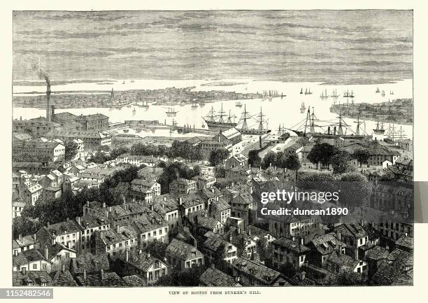 view of boston from bunker's hill, 19th century - boston harbour stock illustrations