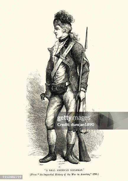 american rifleman from the late 18th century, soldier infantry rifle - colonial minutemen stock illustrations