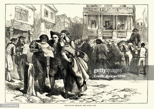 ilustraciones, imágenes clip art, dibujos animados e iconos de stock de la gente en boston leyendo sobre el impuesto del timbre, siglo 18 - estilo siglo xviii