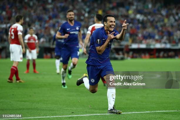 Pedro of Chelsea celebrates after scoring his team's second goal during the UEFA Europa League Final between Chelsea and Arsenal at Baku Olimpiya...