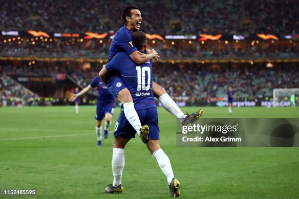 Pedro of Chelsea celebrates after scoring his team's second goal with Eden Hazard of Chelsea during the UEFA Europa League Final between Chelsea and...