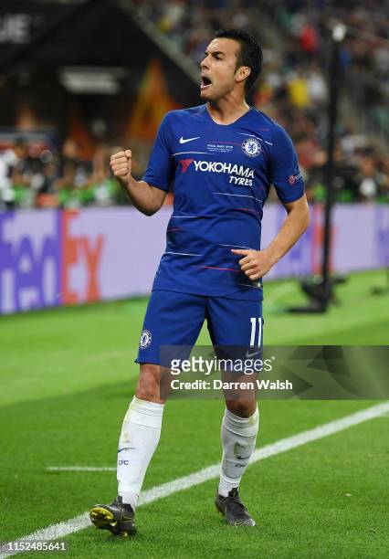 Pedro of Chelsea celebrates after scoring his team's second goal during the UEFA Europa League Final between Chelsea and Arsenal at Baku Olimpiya...