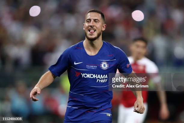 Eden Hazard of Chelsea celebrates after scoring his team's third goal during the UEFA Europa League Final between Chelsea and Arsenal at Baku...