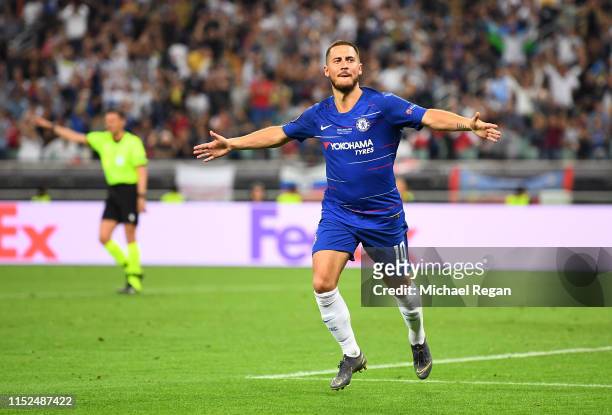 Eden Hazard of Chelsea celebrates after scoring his team's fourth goal during the UEFA Europa League Final between Chelsea and Arsenal at Baku...
