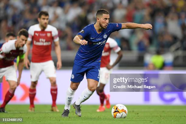 Eden Hazard of Chelsea scores his team's third goal from the penalty spot during the UEFA Europa League Final between Chelsea and Arsenal at Baku...