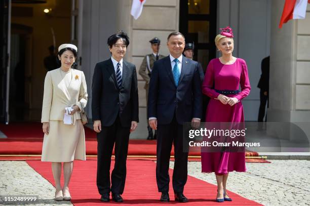 Predsident of Poland, Andrzej Duda and his wife, Agata Duda welcome the Crown Prince Akishino and Crown Princess Kiko during the official welcome...