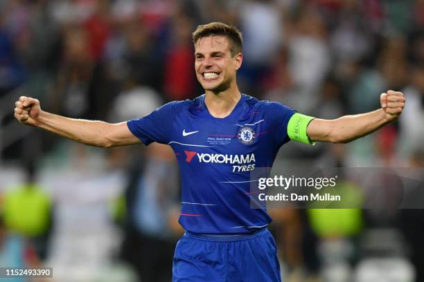 Cesar Azpilicueta of Chelsea celebrates victory after the UEFA Europa League Final between Chelsea and Arsenal at Baku Olimpiya Stadionu on May 29,...