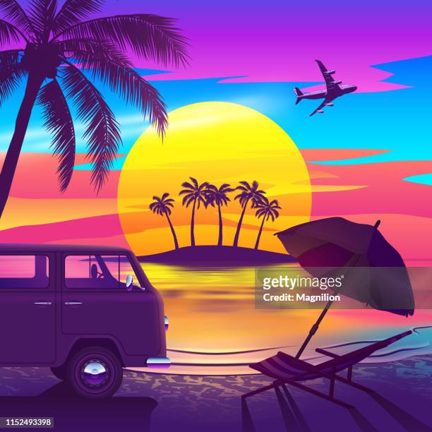 ilustraciones, imágenes clip art, dibujos animados e iconos de stock de playa tropical al atardecer con isla, van y palmera - beach stock illustrations