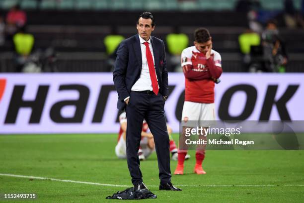 Unai Emery, Manager of Arsenal looks dejected after the UEFA Europa League Final between Chelsea and Arsenal at Baku Olimpiya Stadionu on May 29,...