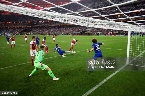 Pierre-Emerick Aubameyang of Arsenal shoots as Davide Zappacosta of Chelsea blocks during the UEFA Europa League Final between Chelsea and Arsenal at...