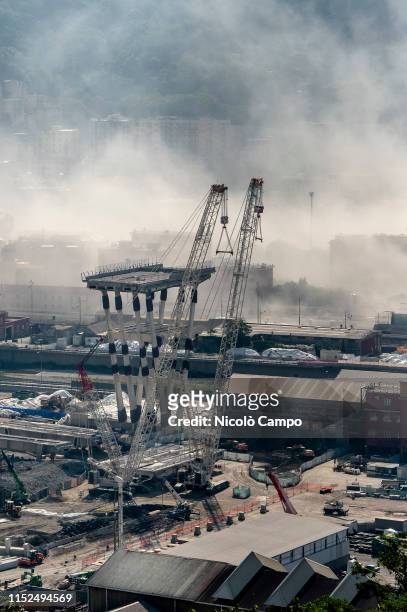 Remains of Morandi bridge are seen after the demolition of eastern pylons. The Morandi viaduct collapsed on August 14, 2018 causing the death of 43...