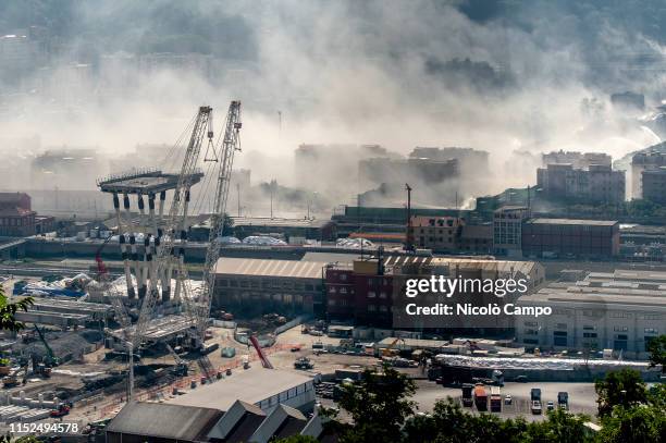 Remains of Morandi bridge are seen after the demolition of eastern pylons. The Morandi viaduct collapsed on August 14, 2018 causing the death of 43...