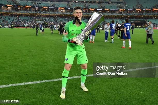 Kepa Arrizabalaga of Chelsea celebrates with the Europa League Trophy following his team's victory in the UEFA Europa League Final between Chelsea...