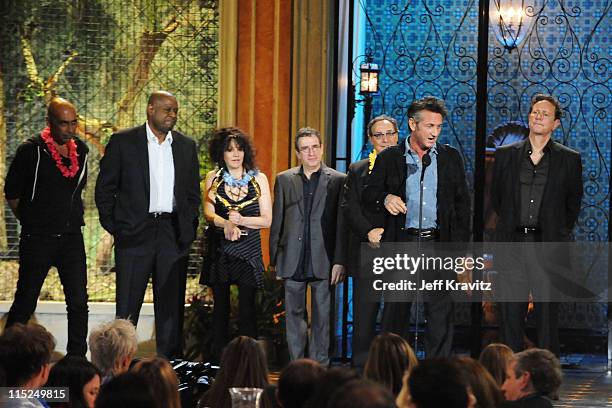 Actors Taylor Negron, Forest Whitaker, director Amy Heckerling, actors Brian Backer, Robert Romanus, Sean Penn and Judge Reinhold accept an award...