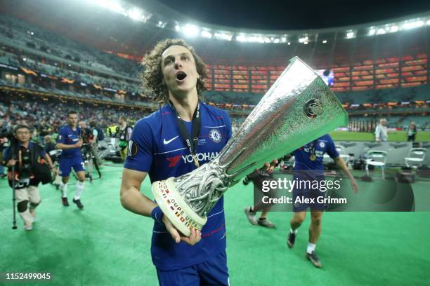 David Luiz of Chelsea celebrates with the Europa League Trophy following his team's victory in the UEFA Europa League Final between Chelsea and...