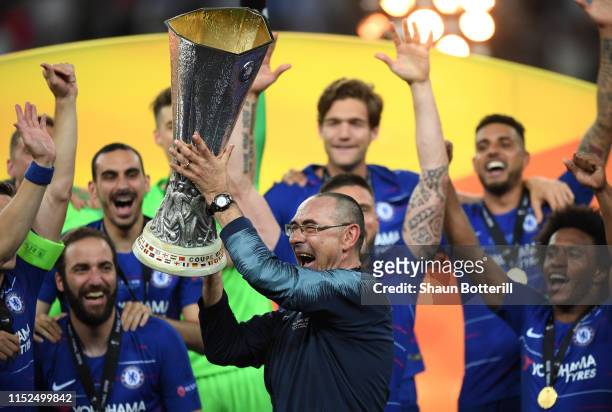 Maurizio Sarri, Manager of Chelsea celebrates with the Europa League Trophy following his team's victory in the UEFA Europa League Final between...