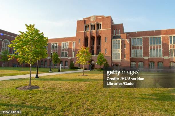 Low angle view, on a sunny day, of Johns Hopkins Eastern campus in Baltimore, Maryland, July 10, 2004. From the Homewood Photography Collection.