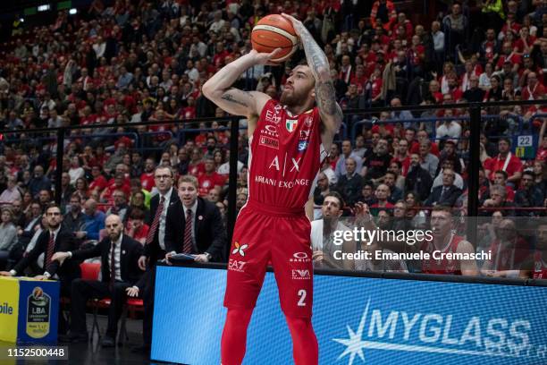 Mike James of AX Armani Exchange Olimpia Milano shoots the ball during the LBA Lega Basket Serie A Playoffs Semifinals Round 1 match between AX...