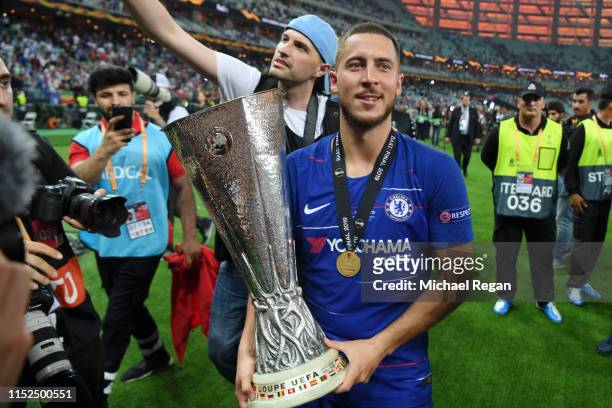Eden Hazard of Chelsea celebrates with the Europa League Trophy following his team's victory in the UEFA Europa League Final between Chelsea and...