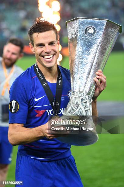 Cesar Azpilicueta of Chelsea celebrates with the Europa League Trophy following his team's victory in the UEFA Europa League Final between Chelsea...