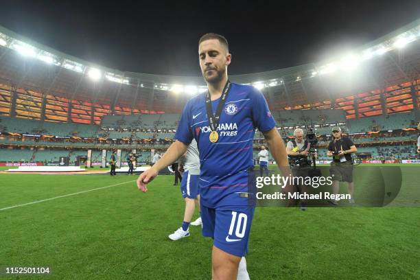 Eden Hazard of Chelsea walks off the pitch with his winner medal after the UEFA Europa League Final between Chelsea and Arsenal at Baku Olimpiya...