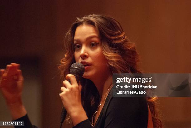 Close-up shot of model and philanthropist Petra Nemcova, speaking during a Milton S Eisenhower Symposium, Homewood Campus of Johns Hopkins...