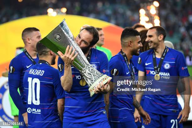 Gonzalo Higuain of Chelsea celebrates with the Europa League Trophy following his team's victory in the UEFA Europa League Final between Chelsea and...