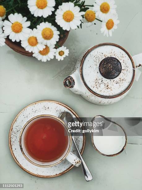 ora del tè. vista aerea della tazza di tè per la colazione inglese, teiera e latte - tazza di latte dall'alto foto e immagini stock
