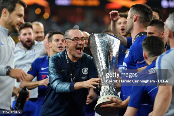Maurizio Sarri, Manager of Chelsea celebrates with the Europa League Trophy following his team's victory in the UEFA Europa League Final between...