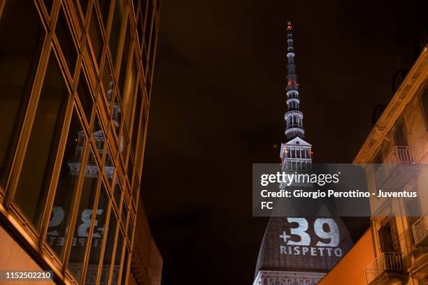 General view of the Mole Antonelliana illuminated in honour of the victims of the Heysel Stadium disaster on May 29, 2019 in Turin, Italy. On May 29...