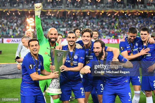 Chelsea players celebrate with the Europa League Trophy following their team's victory in the UEFA Europa League Final between Chelsea and Arsenal at...