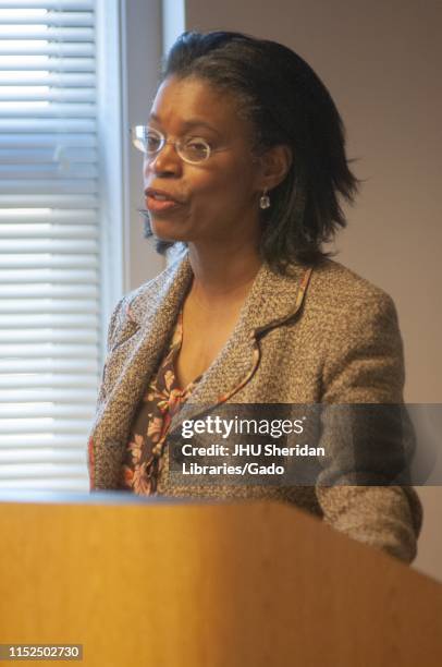 Close-up of legal philosopher Anita Allen, speaking from a podium at the Johns Hopkins University, Baltimore, Maryland, February 9, 2007. From the...