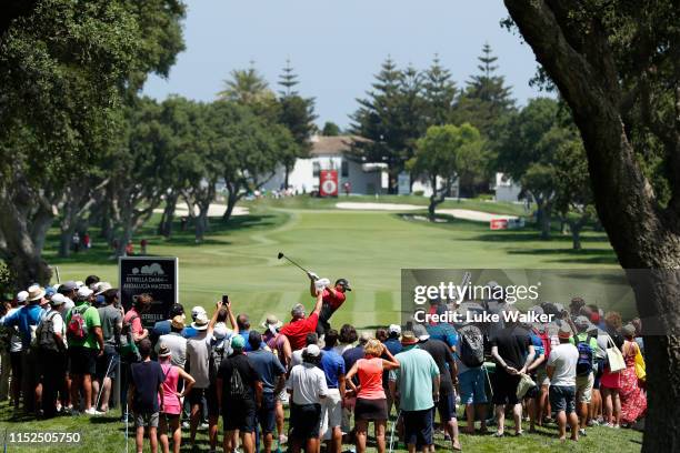 Sergio Garcia of Spain tees off on the 9th hole during day two of the Estrella Damm N.A. Andalucia Masters hosted by the Sergio Garcia Foundation at...