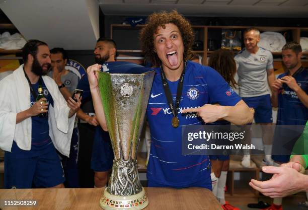 David Luiz of Chelsea celebrates with the Europa League Trophy following his team's victory in the UEFA Europa League Final between Chelsea and...