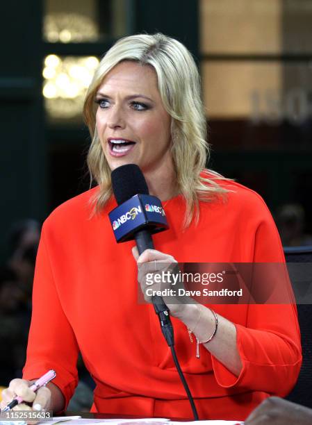 Network reporter Kathryn Tappen speaks on the air before Game Two of the 2019 NHL Stanley Cup Final between the St. Louis Blues and Boston Bruins at...