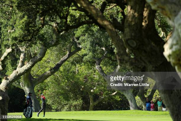 Sergio Garcia of Spain hits his second shot on the 18th hole during day two of the Estrella Damm N.A. Andalucia Masters hosted by the Sergio Garcia...