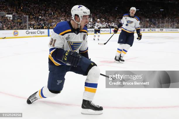 Vladimir Tarasenko of the St. Louis Blues celebrates his first period goal against the Boston Bruins in Game Two of the 2019 NHL Stanley Cup Final at...