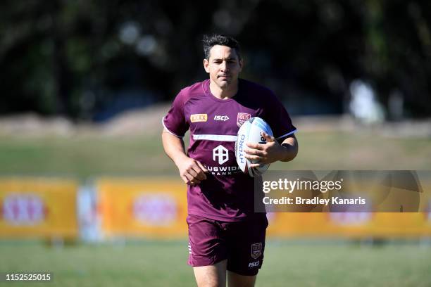 Billy Slater is seen during a Queensland Maroons State of Origin Training Session & Media Opportunity at Davies Park on May 30, 2019 in Brisbane,...