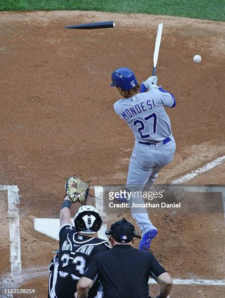 Adalberto Mondesi of the Kansas City Royals breaks his bat hitting in the 1st inning against the Chicago White Sox at Guaranteed Rate Field on May...