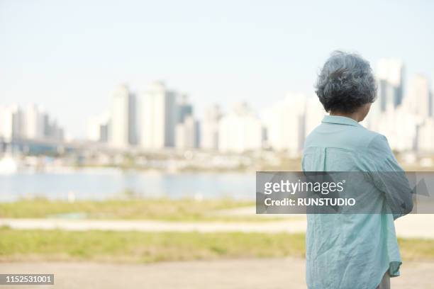 rear view of senior woman standing by river bank - by the river stock pictures, royalty-free photos & images