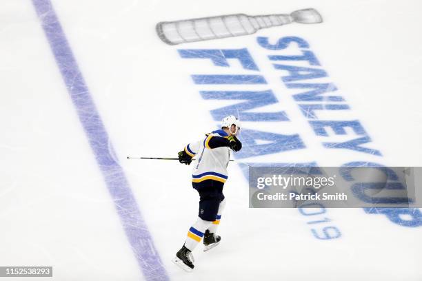 Carl Gunnarsson of the St. Louis Blues celebrates his game-winning goal during the first overtime period against the Boston Bruins in Game Two of the...