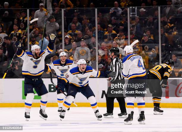 Carl Gunnarsson of the St. Louis Blues celebrates his goal with teammates Ivan Barbashev, Alexander Steen and Alex Pietrangelo after scoring in the...