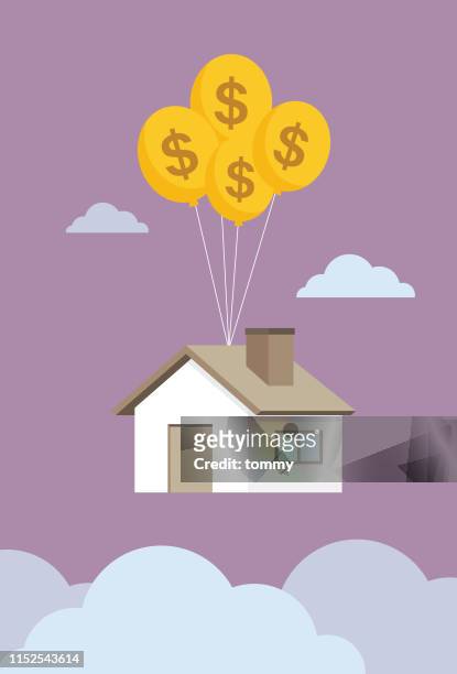 illustrazioni stock, clip art, cartoni animati e icone di tendenza di casa galleggia nel cielo in mongolfiera - guadagnare soldi