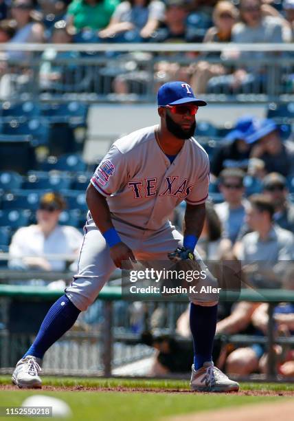 Danny Santana of the Texas Rangers in action during inter-league play against the Pittsburgh Pirates at PNC Park on May 8, 2019 in Pittsburgh,...
