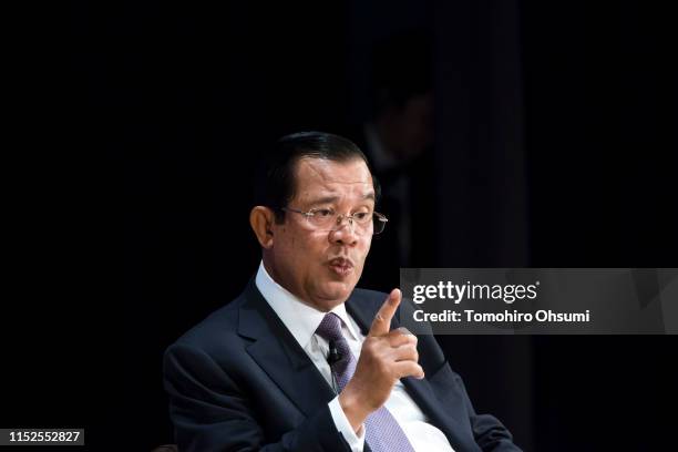 Cambodia's Prime Minister Hun Sen speaks during the 25th International Conference on The Future of Asia on May 30, 2019 in Tokyo, Japan. The...