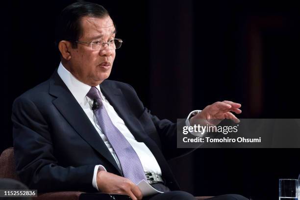 Cambodia's Prime Minister Hun Sen speaks during the 25th International Conference on The Future of Asia on May 30, 2019 in Tokyo, Japan. The...