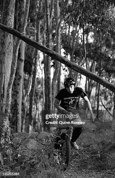 Peter Bell muicycles at Lysterfield Park on June 4, 2011 in Melbourne, Australia. Municycling is an emerging adventure sport that consists of...